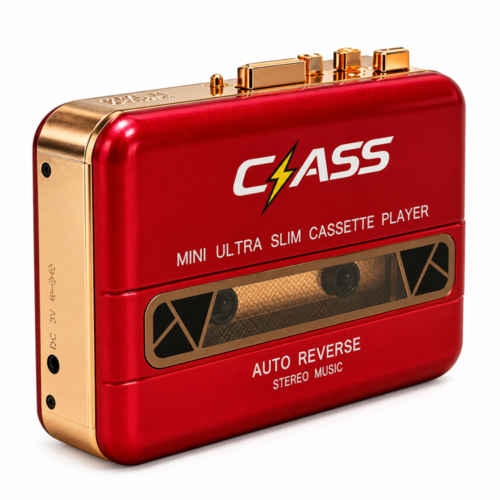 Vintage Red-and-Gold Mini Cassette Player
